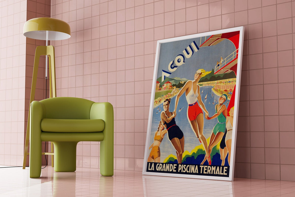 Vintage Acqui Italian Swimming Poster | Retro Art Deco Travel Wall Art
