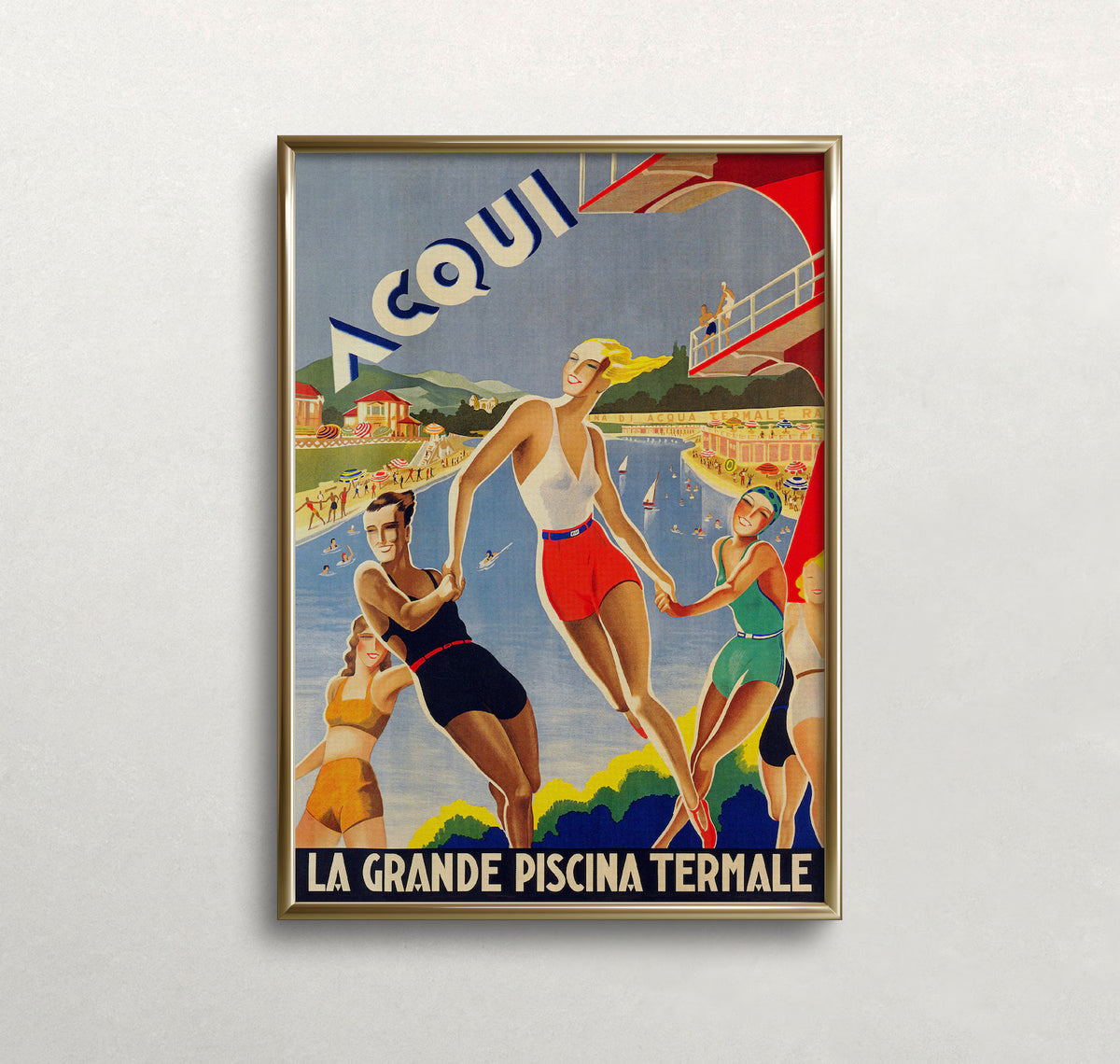 Vintage Acqui Italian Swimming Poster | Retro Art Deco Travel Wall Art