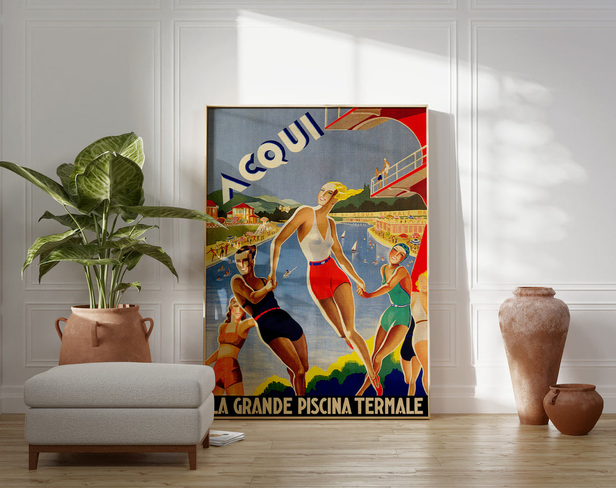 Vintage Acqui Italian Swimming Poster | Retro Art Deco Travel Wall Art