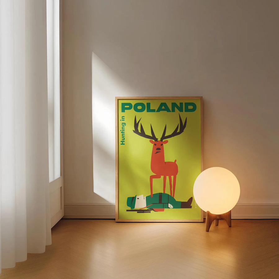Vintage Polish Travel Poster - Retro Deer & Hunter Wall Art Print