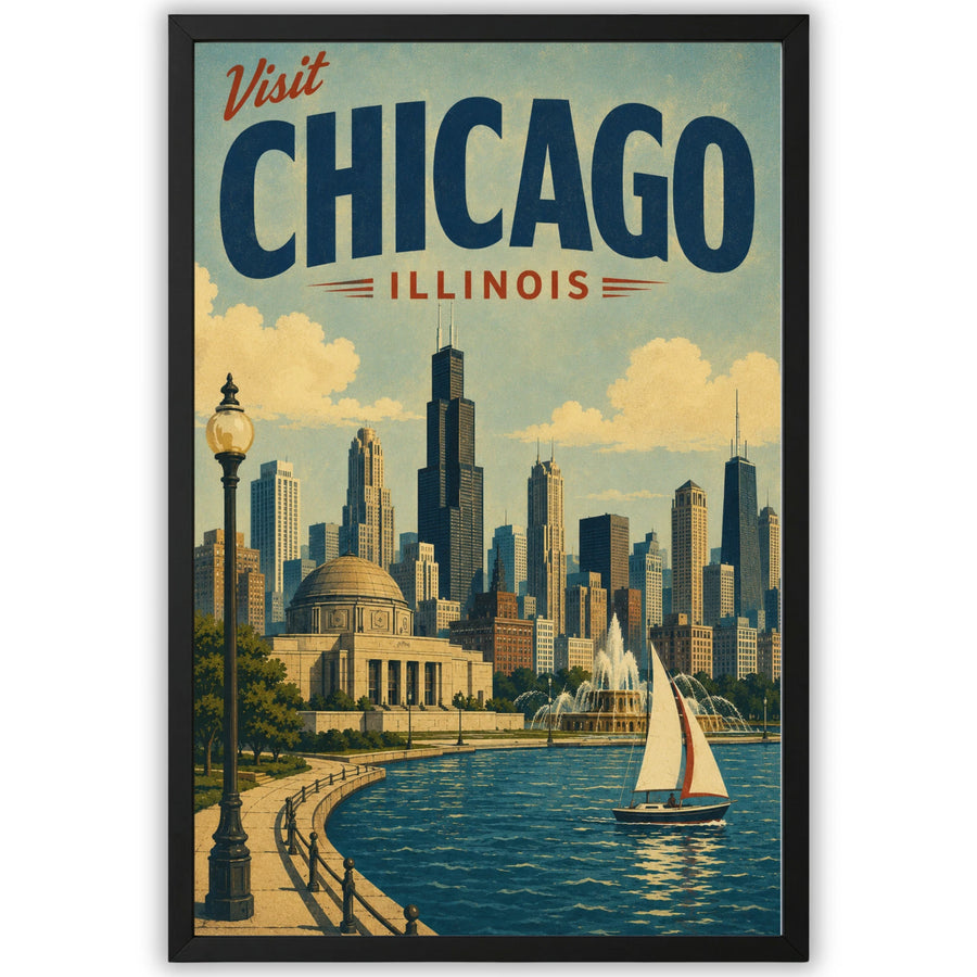 Vintage Chicago Travel Poster | Retro Illinois Skyline Wall Art Print
