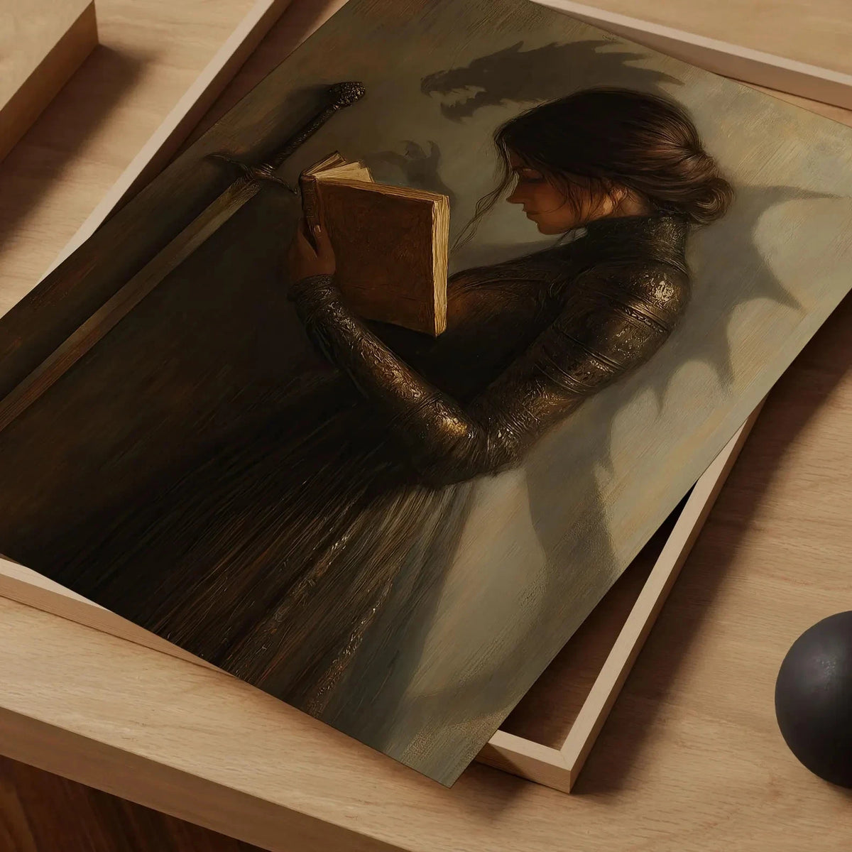 The Shadow Dragon's Reader Poster - Dark Romance Fantasy Wall Art - Vintage Warrior Woman Reading Print - Book Lovers Room Decor