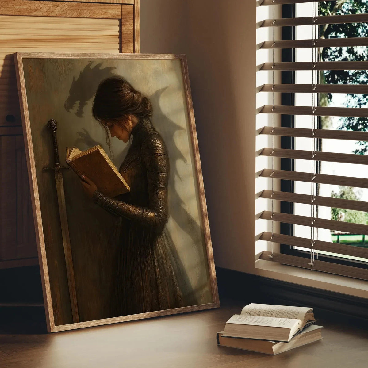 The Shadow Dragon's Reader Poster - Dark Romance Fantasy Wall Art - Vintage Warrior Woman Reading Print - Book Lovers Room Decor