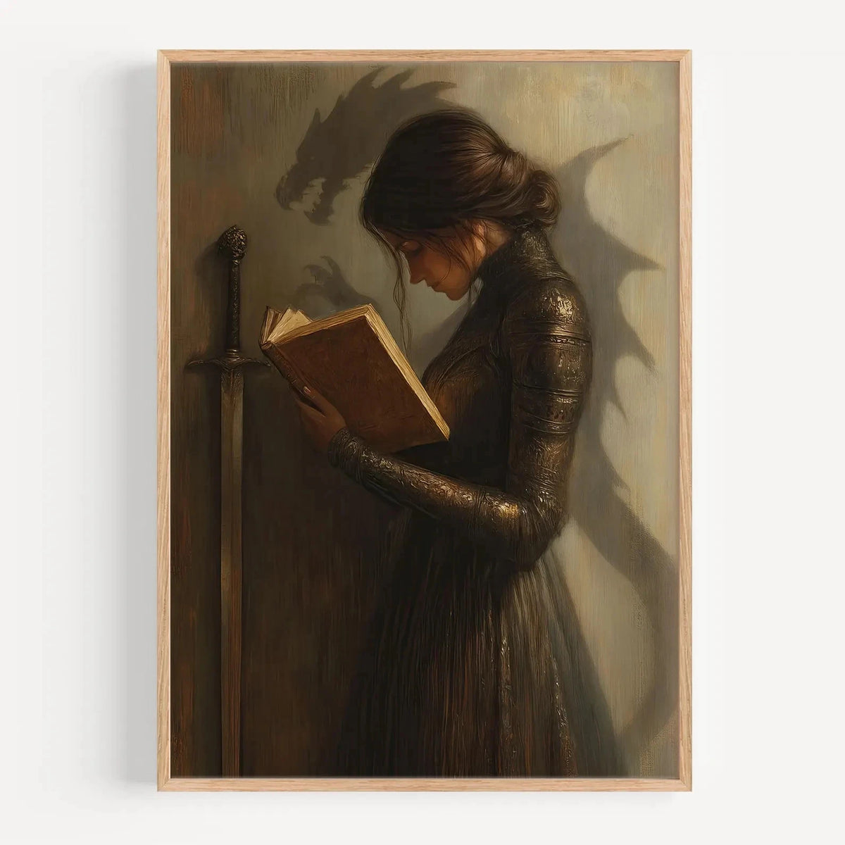 The Shadow Dragon's Reader Poster - Dark Romance Fantasy Wall Art - Vintage Warrior Woman Reading Print - Book Lovers Room Decor