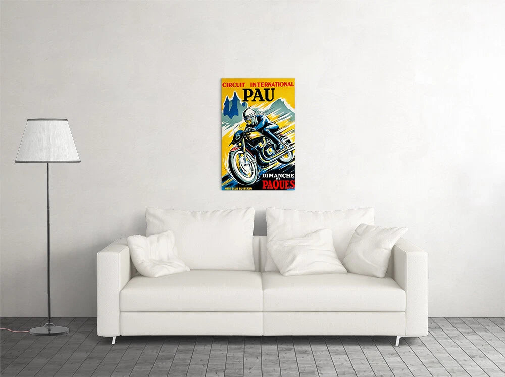 Vintage French Motorcycle Grand Prix Poster - Circuit International Pau Racing Art - Retro Biker Canvas Print - Garage & Man Cave Wall Decor