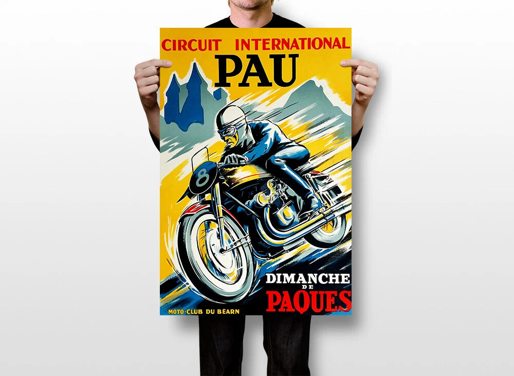 Vintage French Motorcycle Grand Prix Poster - Circuit International Pau Racing Art - Retro Biker Canvas Print - Garage & Man Cave Wall Decor