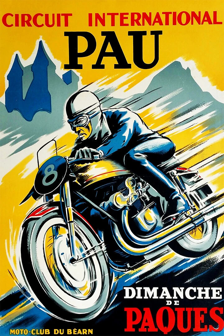 Vintage French Motorcycle Grand Prix Poster - Circuit International Pau Racing Art - Retro Biker Canvas Print - Garage & Man Cave Wall Decor