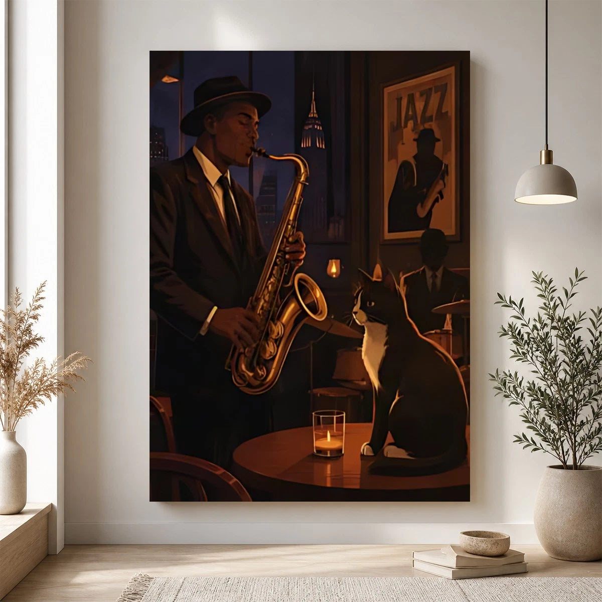 Retro Jazz Club Canvas Print | Soulful Saxophone Player & Cat Wall Decor