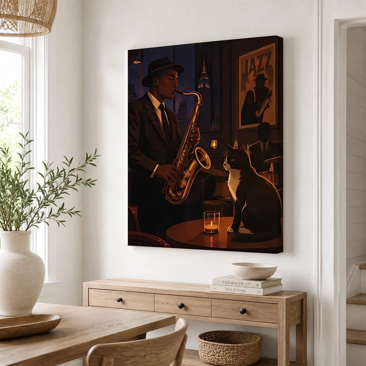 Retro Jazz Club Canvas Print | Soulful Saxophone Player & Cat Wall Decor