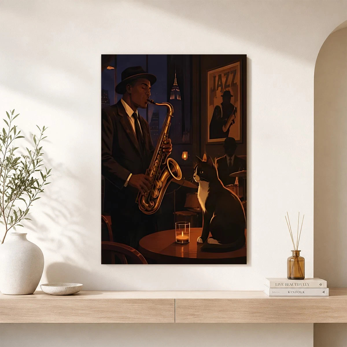 Retro Jazz Club Canvas Print | Soulful Saxophone Player & Cat Wall Decor