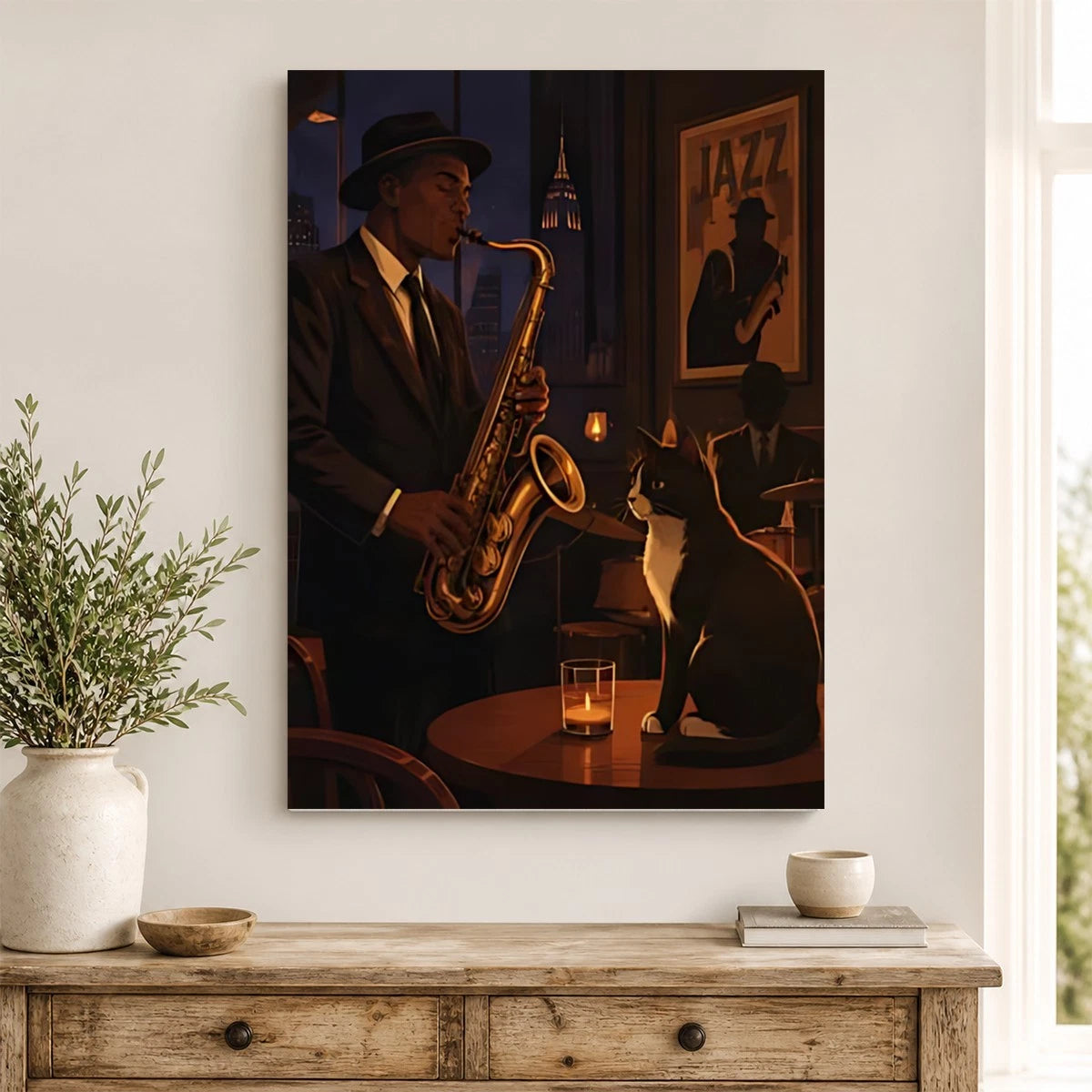 Retro Jazz Club Canvas Print | Soulful Saxophone Player & Cat Wall Decor