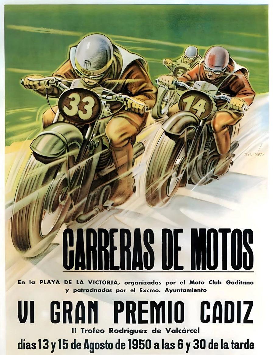 Vintage 1950 Motorcycle Racing Poster - Cadiz Grand Prix Wall Art