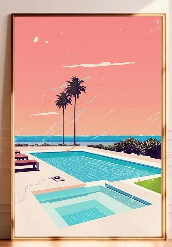 Mid-Century Modern Pool Print - Retro Pastel Sunset Decor