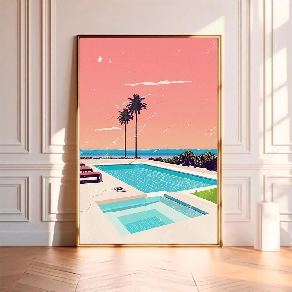 Mid-Century Modern Pool Print - Retro Pastel Sunset Decor